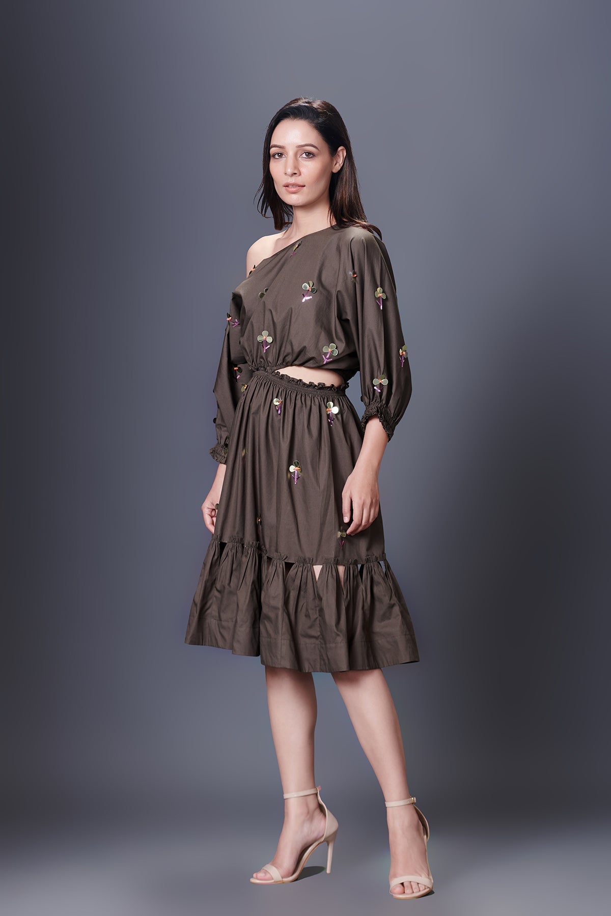 Olive Green Hand Embroidered Off-Shoulder Side Cutout Dress