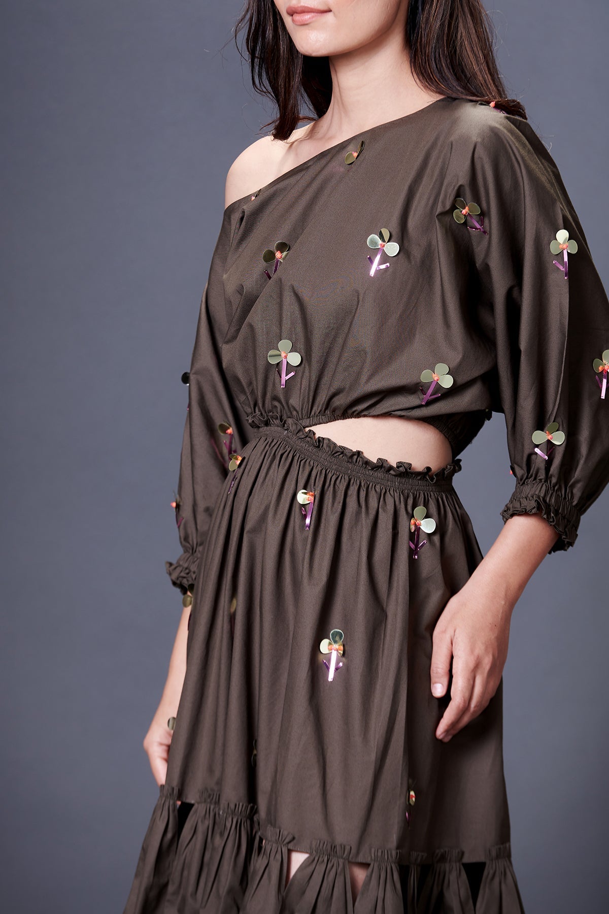 Olive Green Hand Embroidered Off-Shoulder Side Cutout Dress