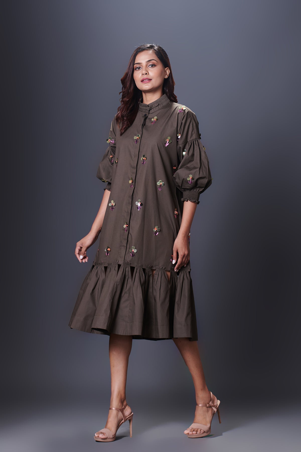 Olive Green Hand Embroidered Chinese Collar Puffed Sleeve Dress