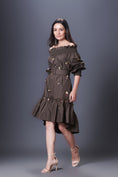 Load image into Gallery viewer, Olive Green Hand Embroidered Off-Shoulder High-Low Dress Comes With Belt
