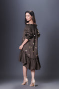 Load image into Gallery viewer, Olive Green Hand Embroidered Off-Shoulder High-Low Dress Comes With Belt
