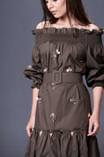 Load image into Gallery viewer, Olive Green Hand Embroidered Off-Shoulder High-Low Dress Comes With Belt
