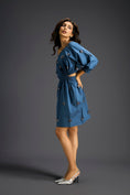 Load image into Gallery viewer, Blue Off-Shoulder Dress with Butterfly Embellishments
