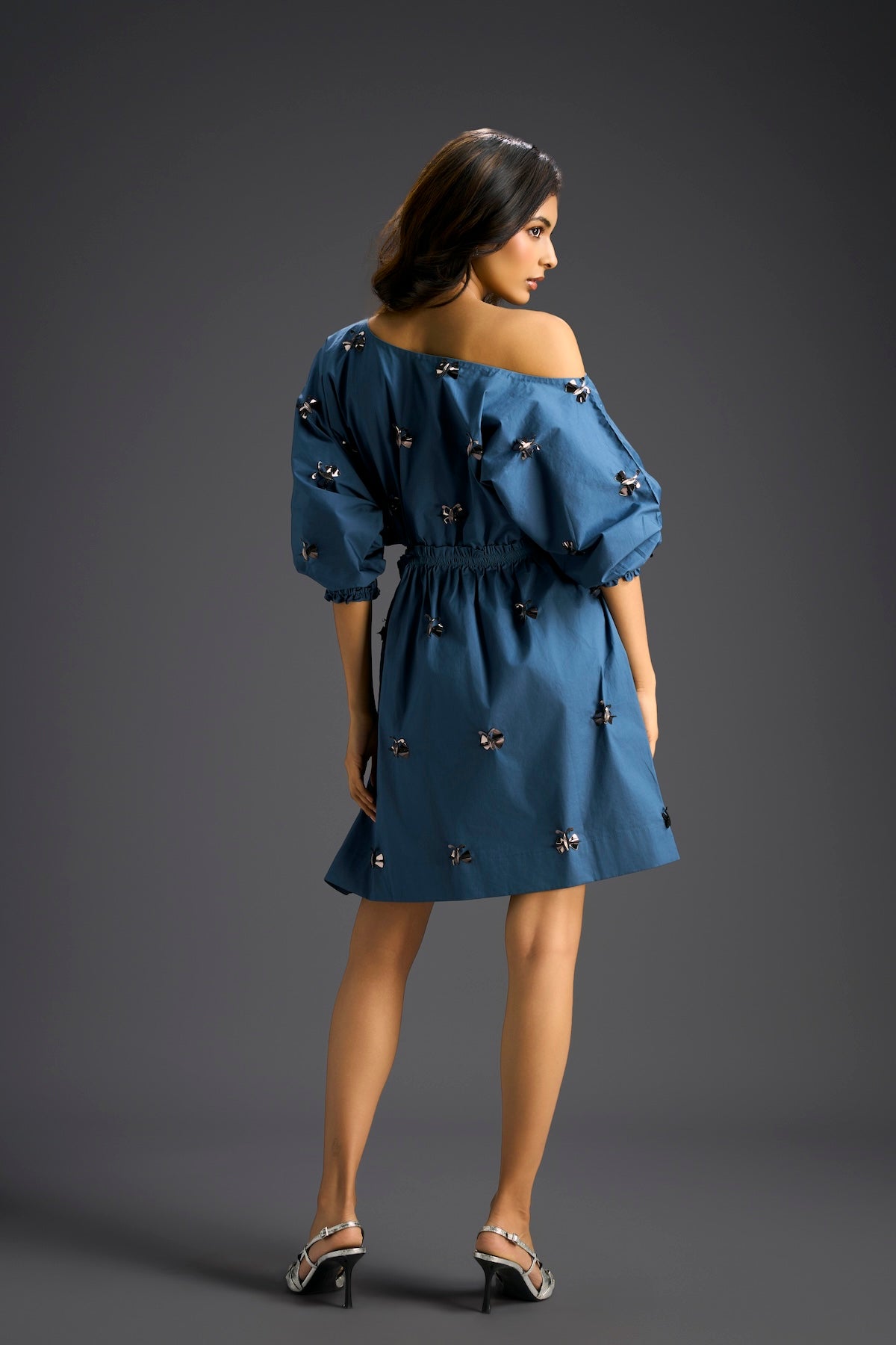 Blue Off-Shoulder Dress with Butterfly Embellishments