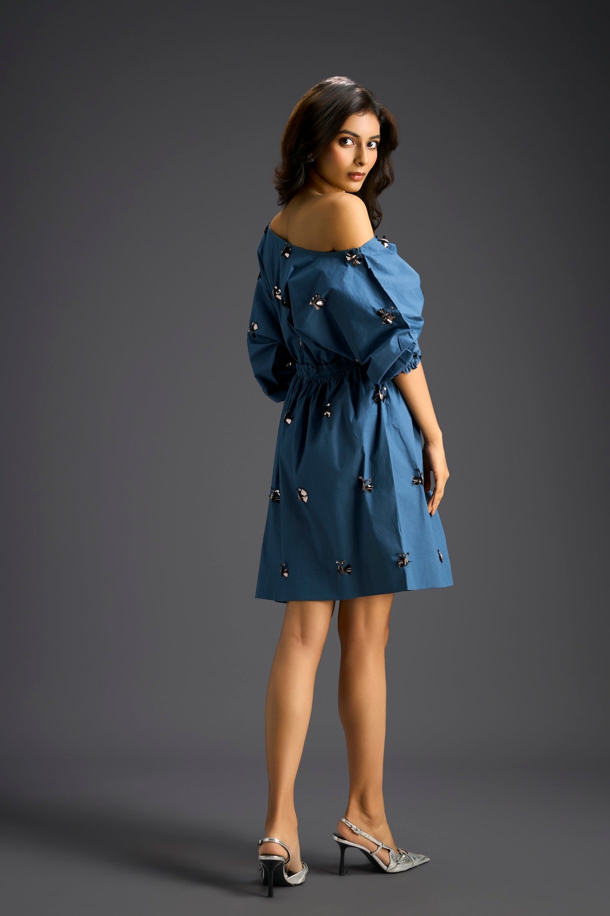 Blue Off-Shoulder Dress with Butterfly Embellishments