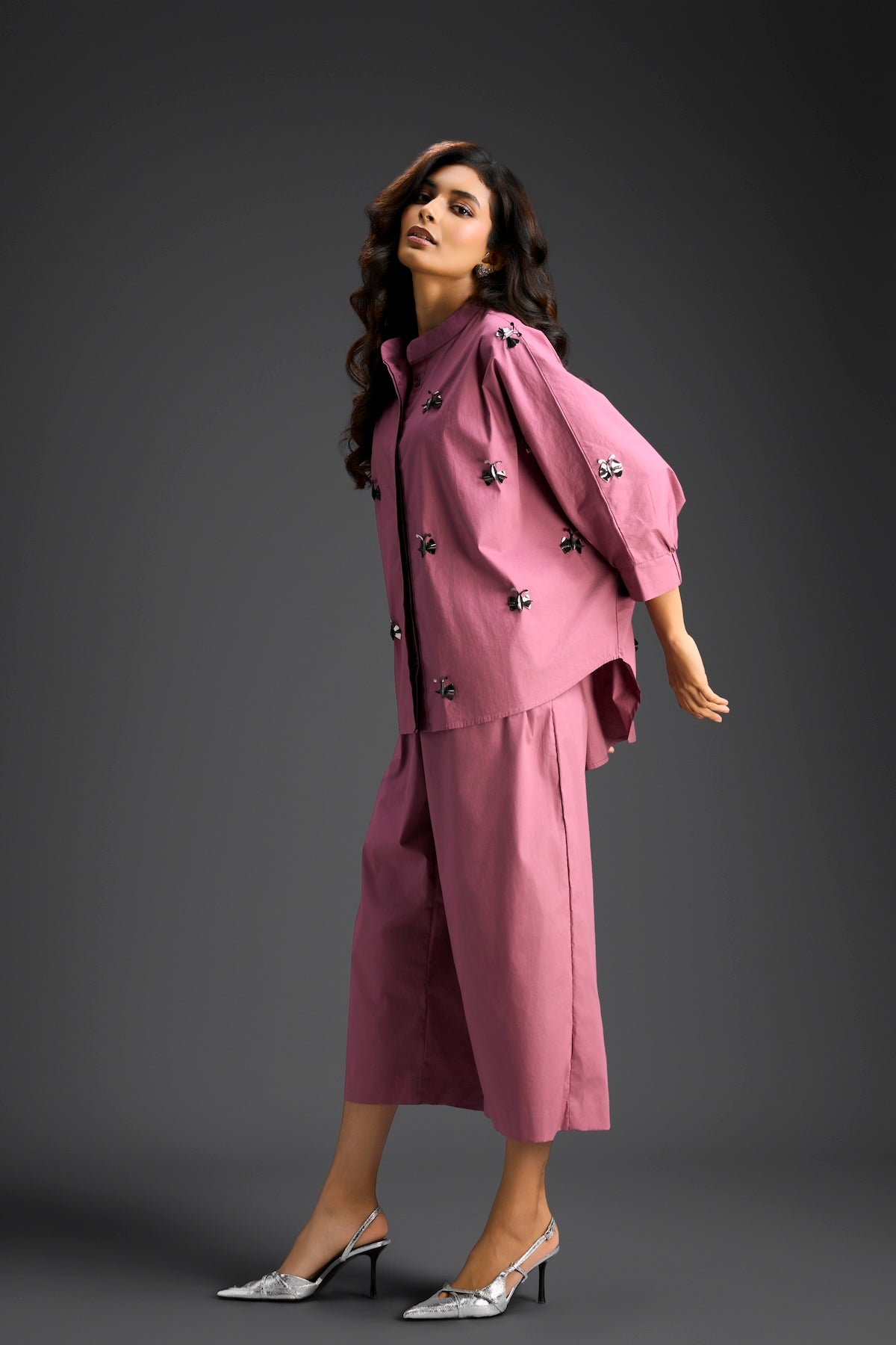 Pink Butterfly Embellished Pleated Shirt & Pants Set