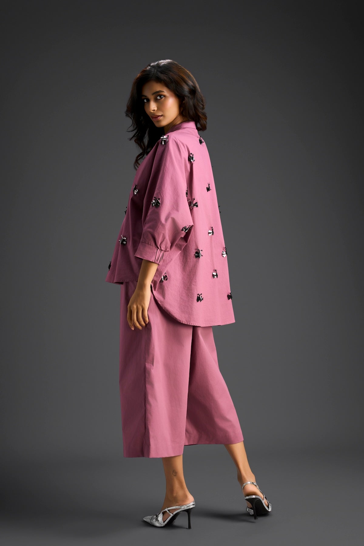 Pink Butterfly Embellished Pleated Shirt & Pants Set