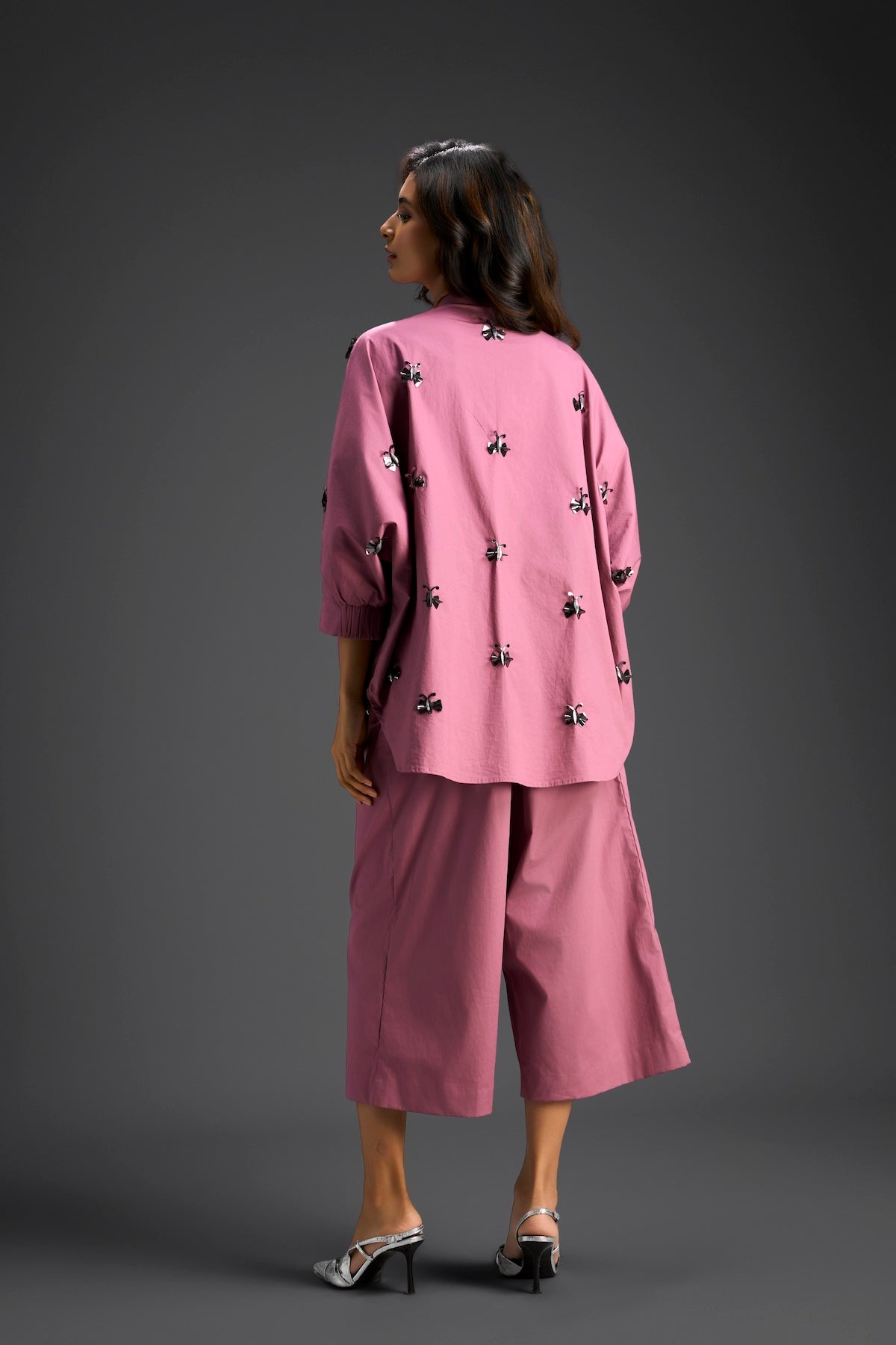 Pink Butterfly Embellished Pleated Shirt & Pants Set