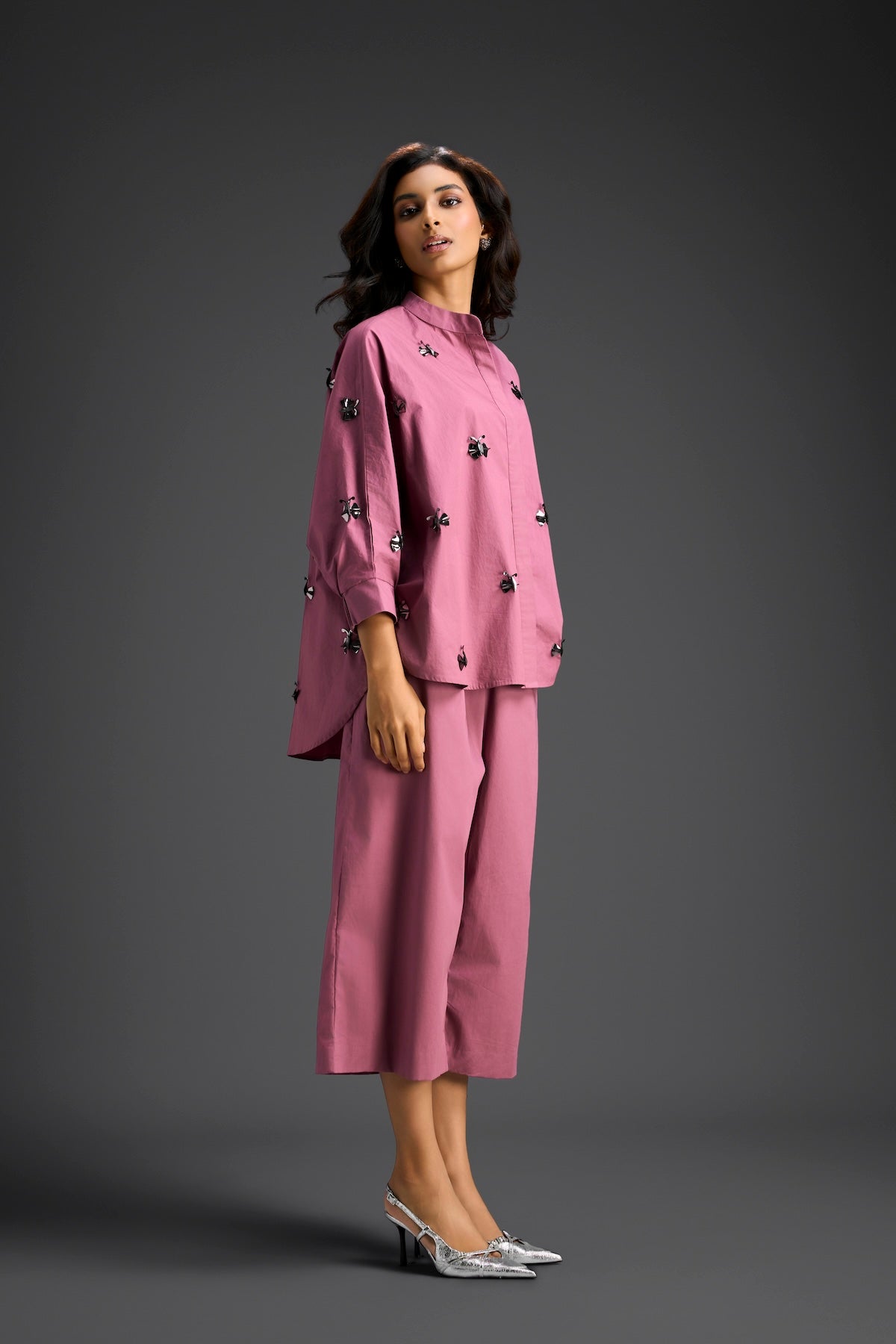 Pink Butterfly Embellished Pleated Shirt & Pants Set