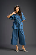 Load image into Gallery viewer, Blue Butterfly Embellished Drawstring Shirt & Wide-Leg Pants Set
