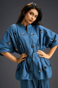 Load image into Gallery viewer, Blue Butterfly Embellished Drawstring Shirt & Wide-Leg Pants Set
