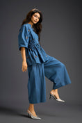 Load image into Gallery viewer, Blue Butterfly Embellished Drawstring Shirt & Wide-Leg Pants Set
