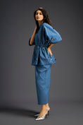 Load image into Gallery viewer, Blue Butterfly Embellished Drawstring Shirt & Wide-Leg Pants Set
