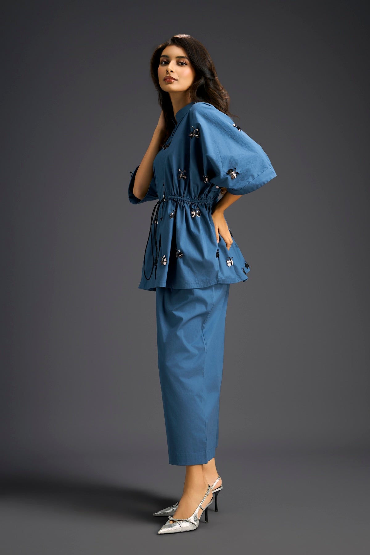 Blue Butterfly Embellished Drawstring Shirt & Wide-Leg Pants Set