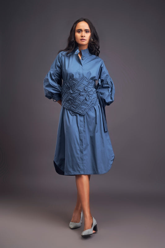 Shirt Dress With Applique Corset Style Tie Up Belt