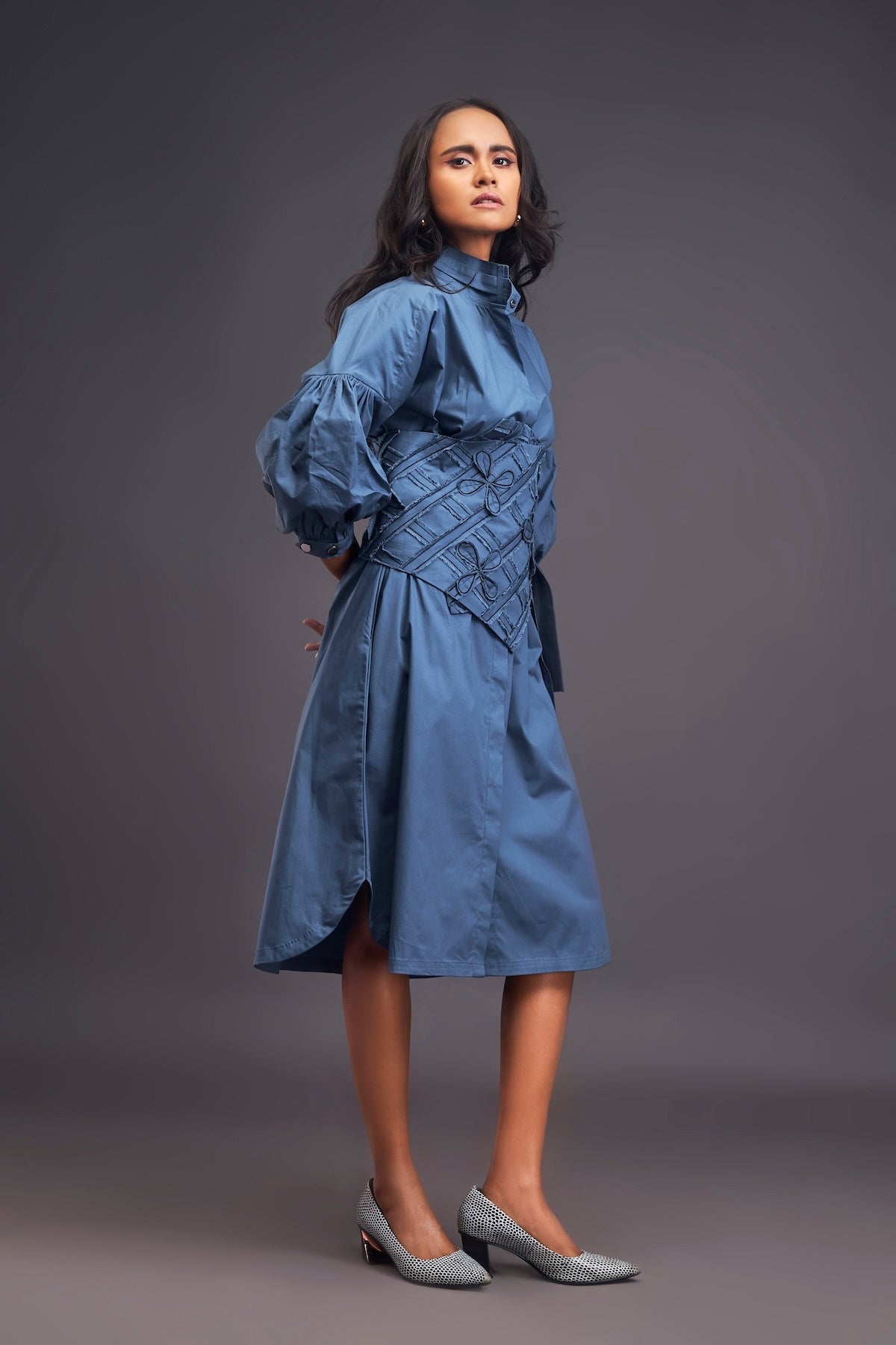 Shirt Dress With Applique Corset Style Tie Up Belt