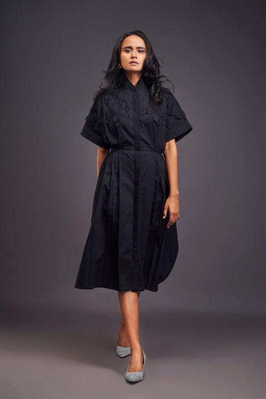 Pleated Oversized Shirt Dress With Patchwork