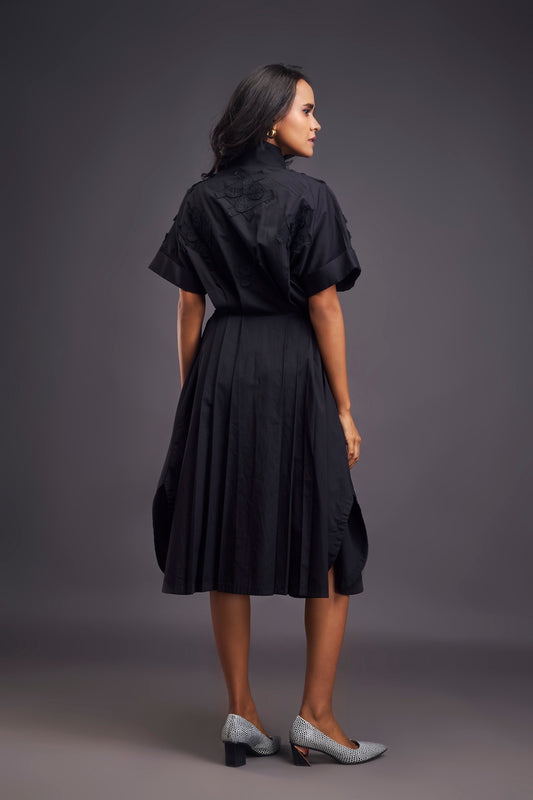 Pleated Oversized Shirt Dress With Patchwork