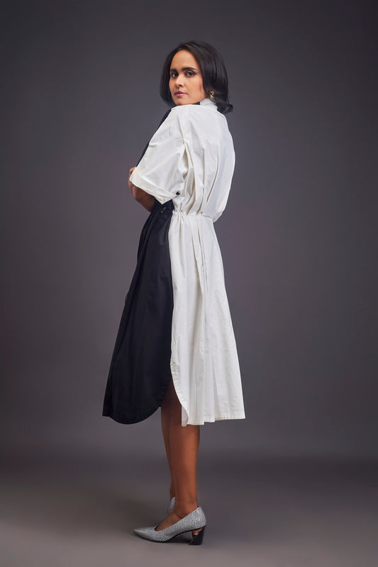 Pleated Oversized Shirt Dress With Patchwork