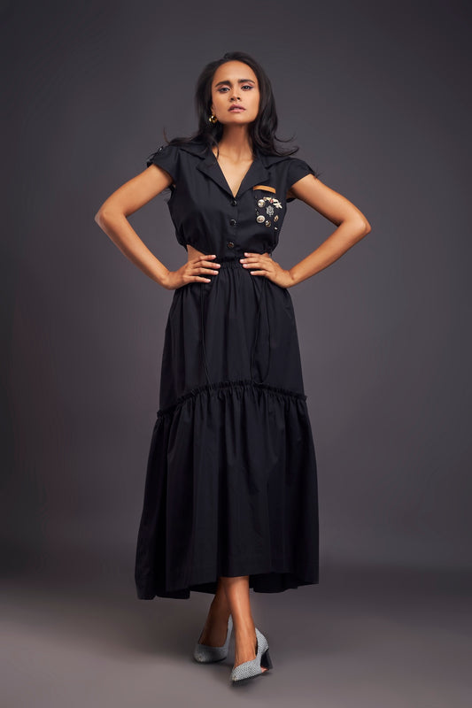 Lapel Collar Long Dress With Side Cutouts