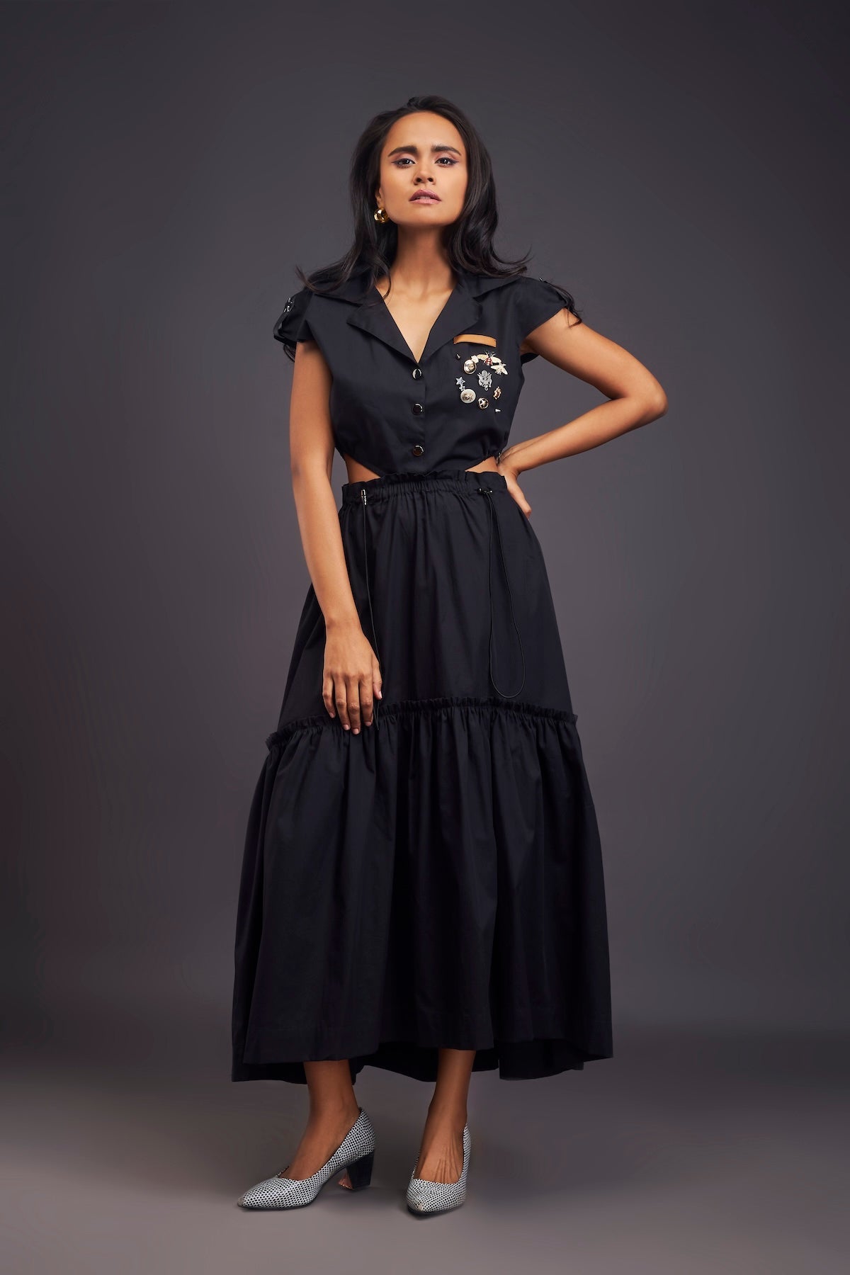 Lapel Collar Long Dress With Side Cutouts
