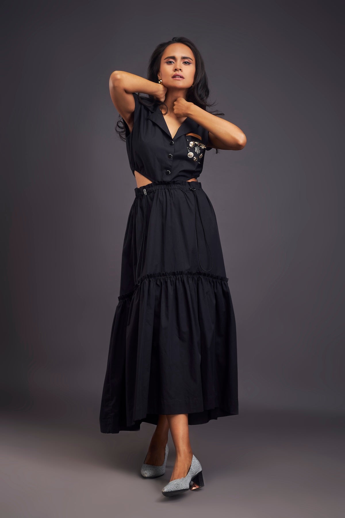 Lapel Collar Long Dress With Side Cutouts