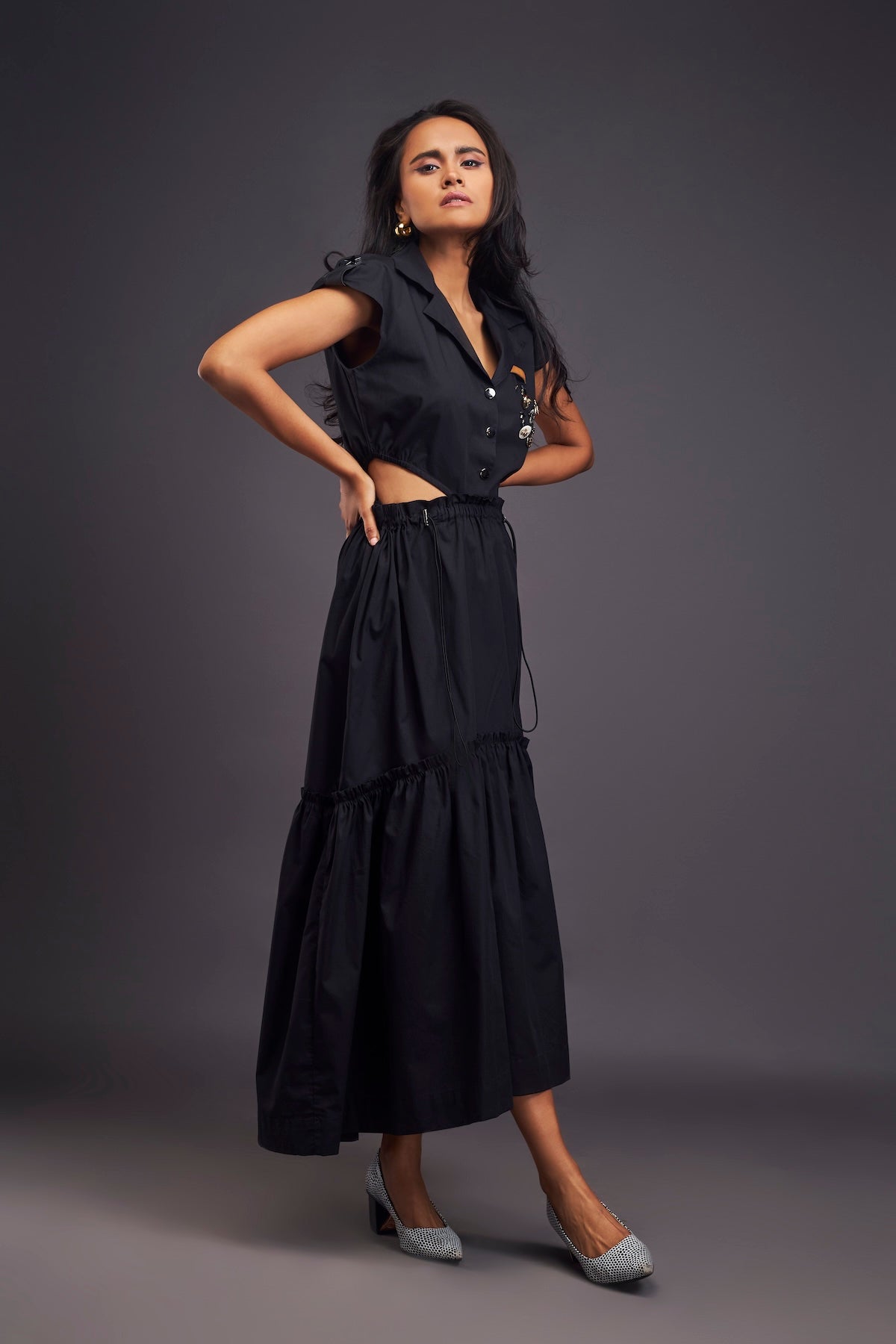 Lapel Collar Long Dress With Side Cutouts