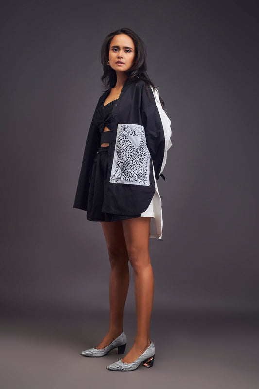 Black & White Oversized Shirt With Patchwork