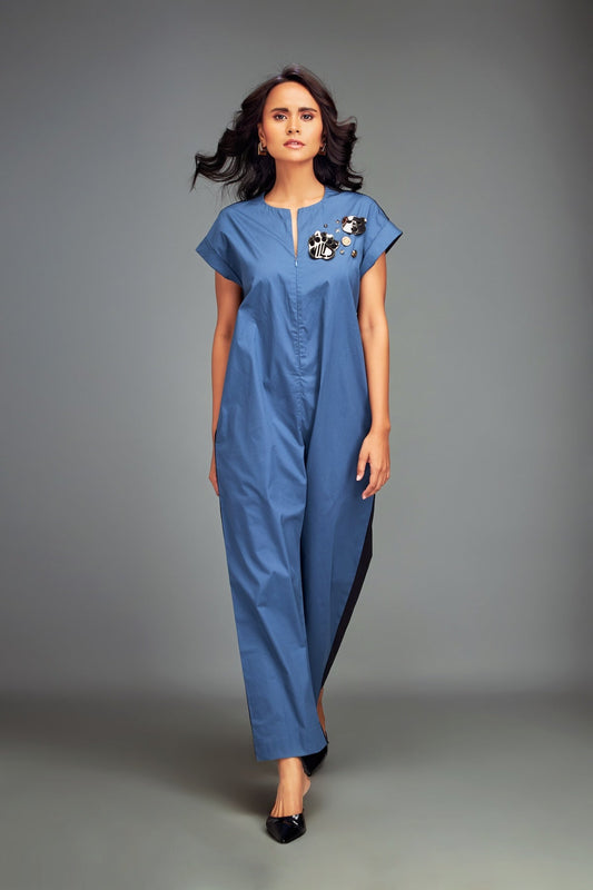 Two-Tone Jumpsuit with Front Zipper & Metallic Embellishments