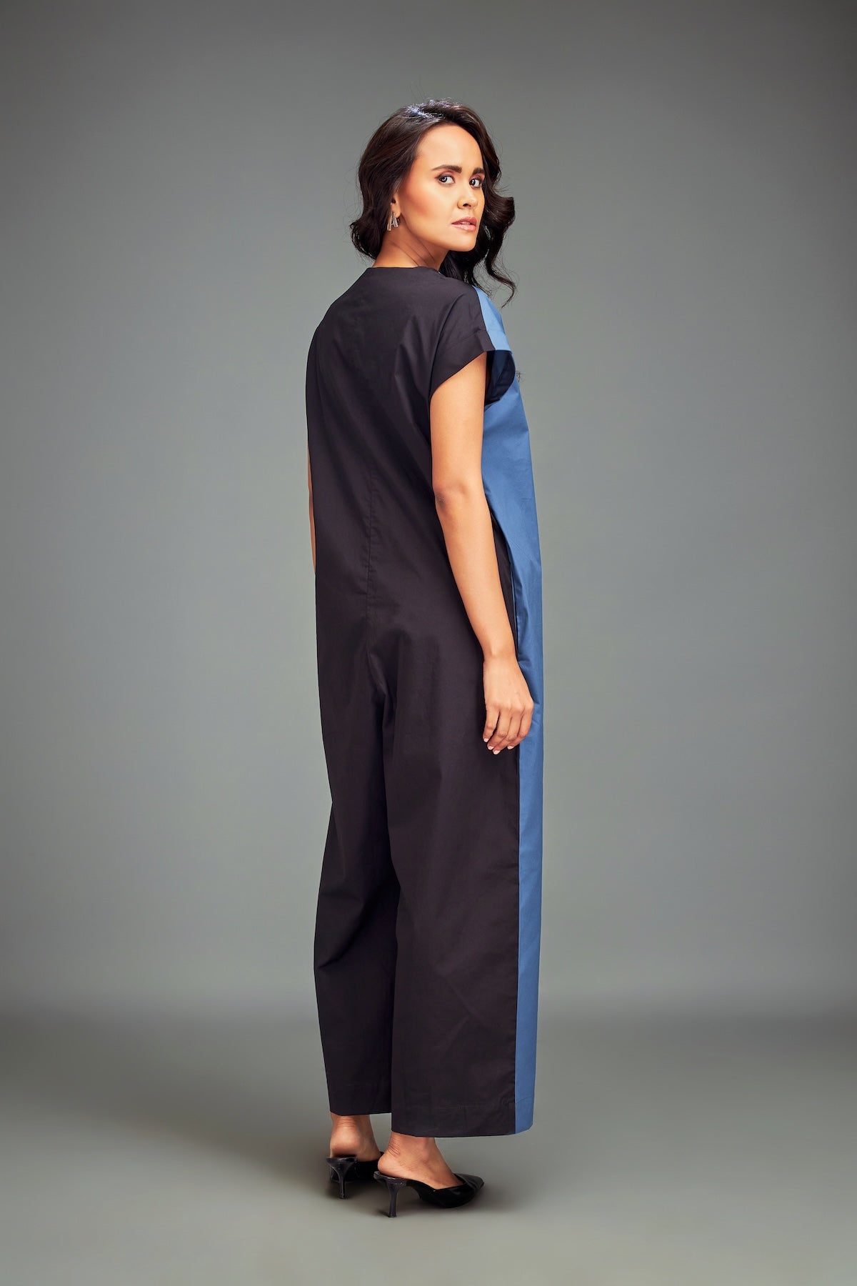 Two-Tone Jumpsuit with Front Zipper & Metallic Embellishments