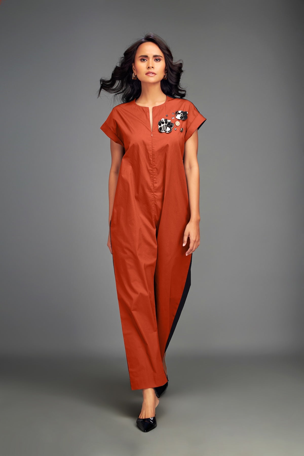 Two-Tone Jumpsuit with Front Zipper & Metallic Embellishments