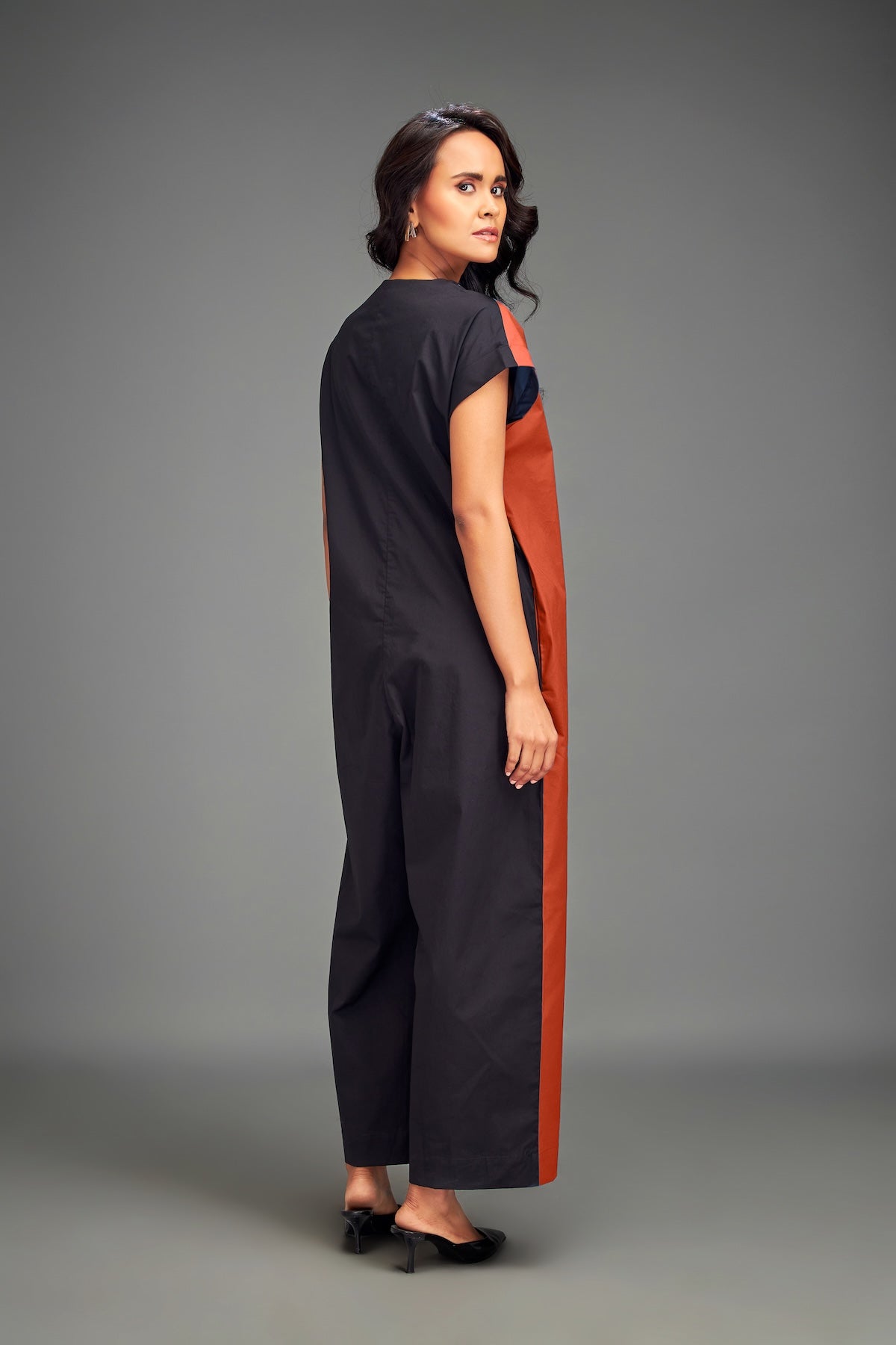 Two-Tone Jumpsuit with Front Zipper & Metallic Embellishments
