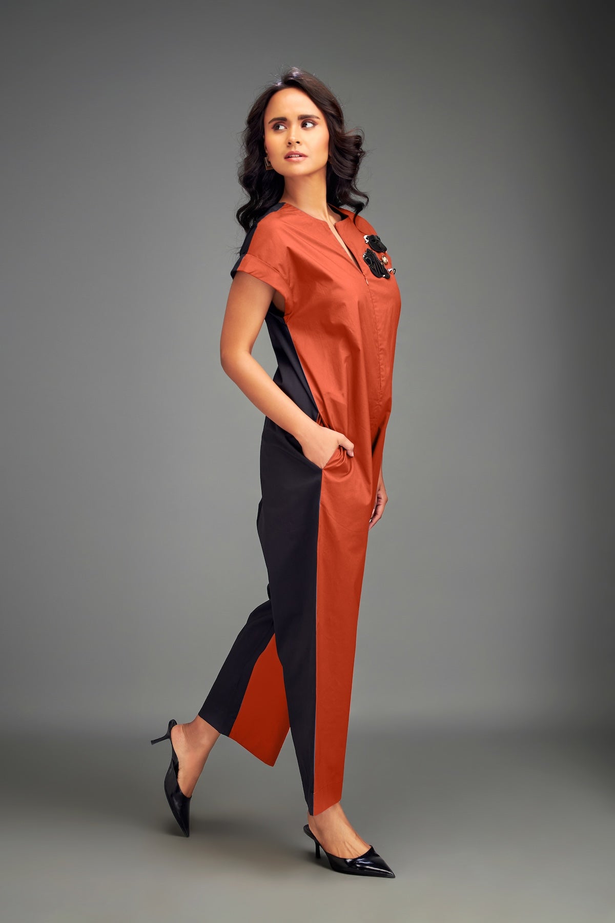 Two-Tone Jumpsuit with Front Zipper & Metallic Embellishments