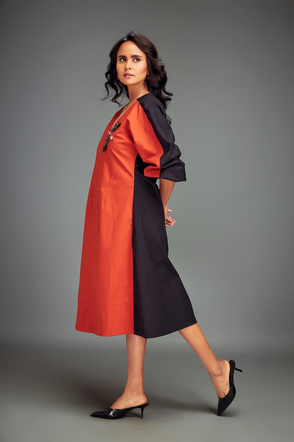 Two-Tone V-Neck Midi Dress with Metallic Embellishments