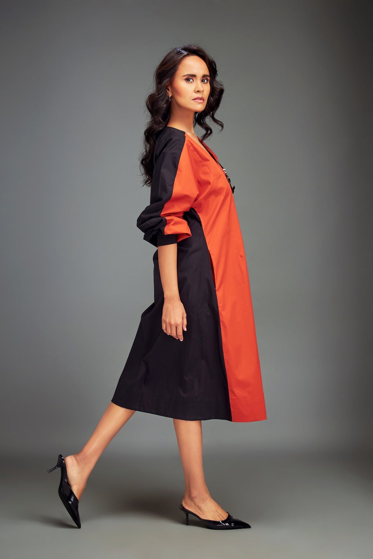 Two-Tone V-Neck Midi Dress with Metallic Embellishments