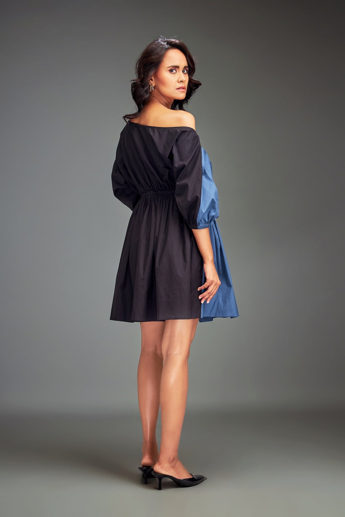 Two-Tone Off-Shoulder Dress with Metallic Embellishments