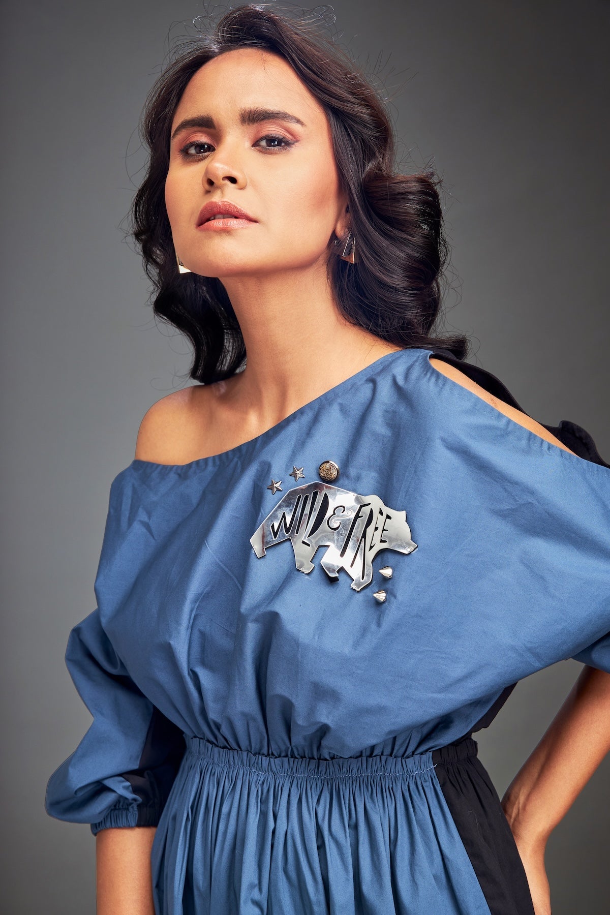Two-Tone Off-Shoulder Dress with Metallic Embellishments
