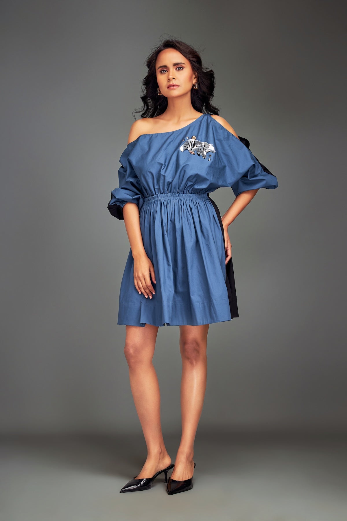 Two-Tone Off-Shoulder Dress with Metallic Embellishments