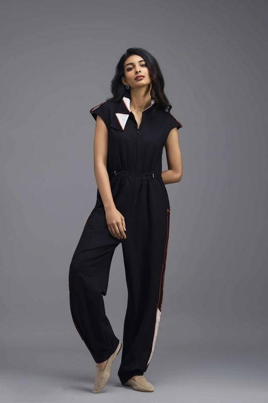 BLACK DRAWSTRING JUMPSUIT WITH NEON SIDE PANEL DETAIL