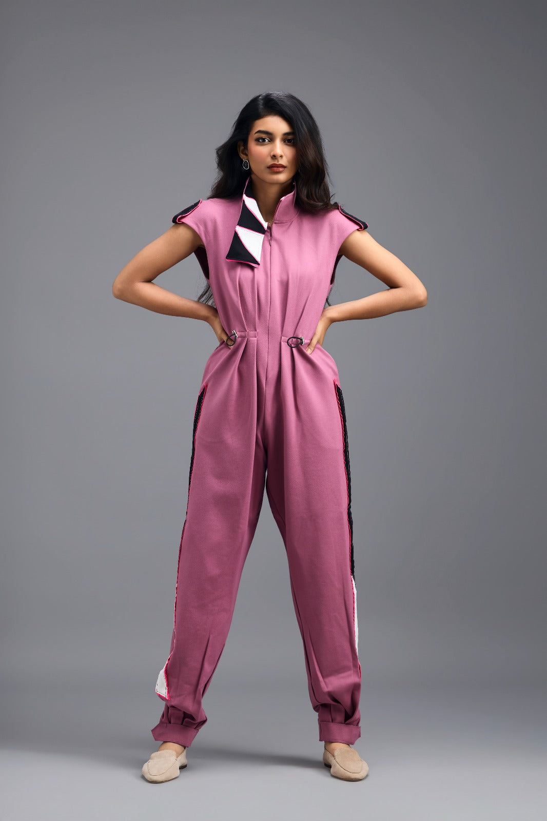 PINK DRAWSTRING JUMPSUIT WITH NEON PINK PANEL SIDE DETAIL