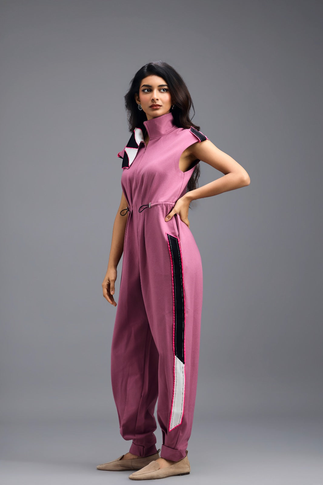 PINK DRAWSTRING JUMPSUIT WITH NEON PINK PANEL SIDE DETAIL