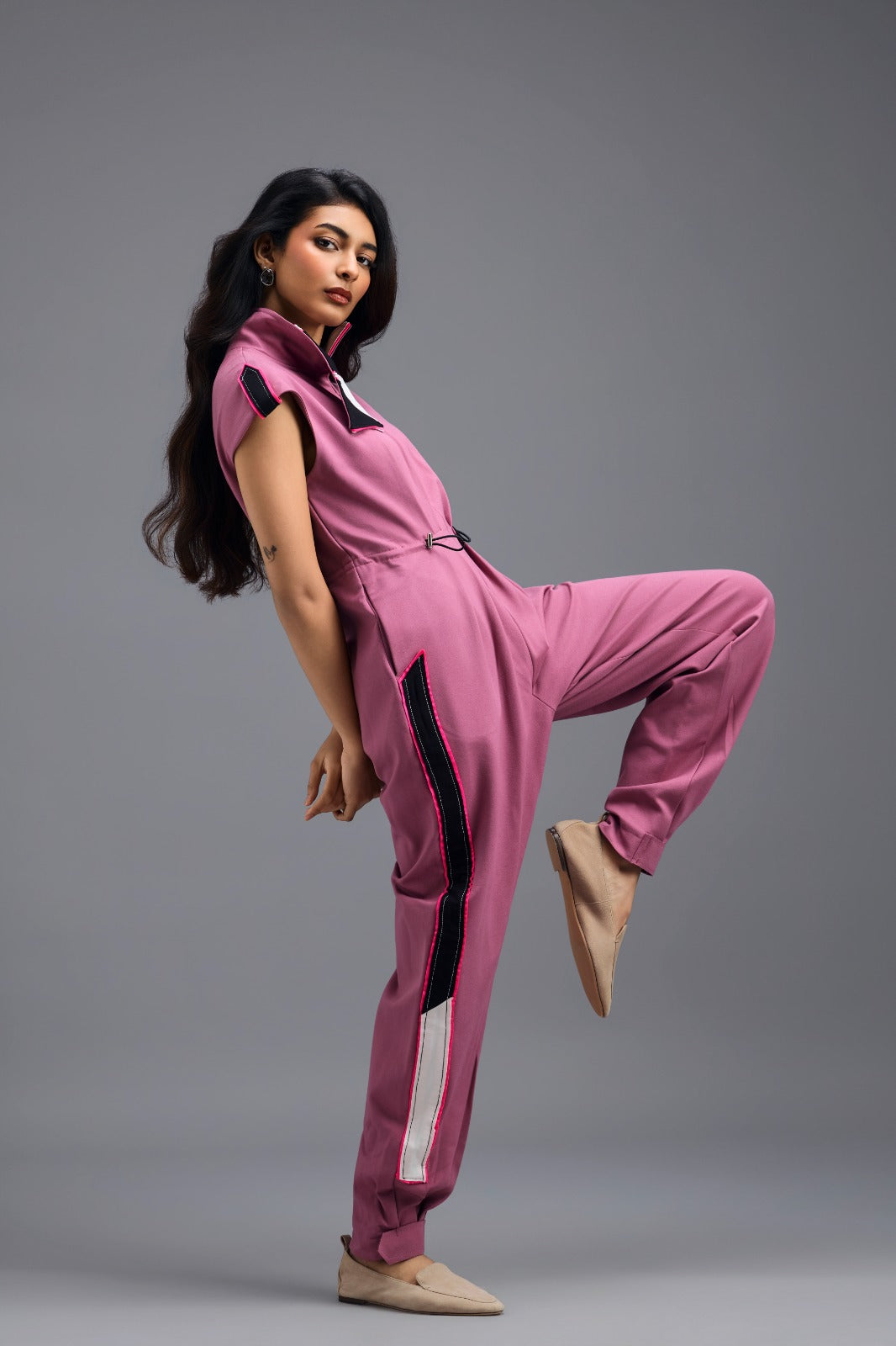 PINK DRAWSTRING JUMPSUIT WITH NEON PINK PANEL SIDE DETAIL