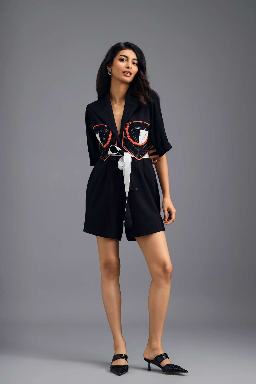 BLACK TAILORED PLAYSUIT WITH NEON COLOUR-BLOCK POCKET PANEL