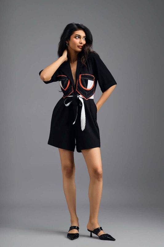 BLACK TAILORED PLAYSUIT WITH NEON COLOUR-BLOCK POCKET PANEL