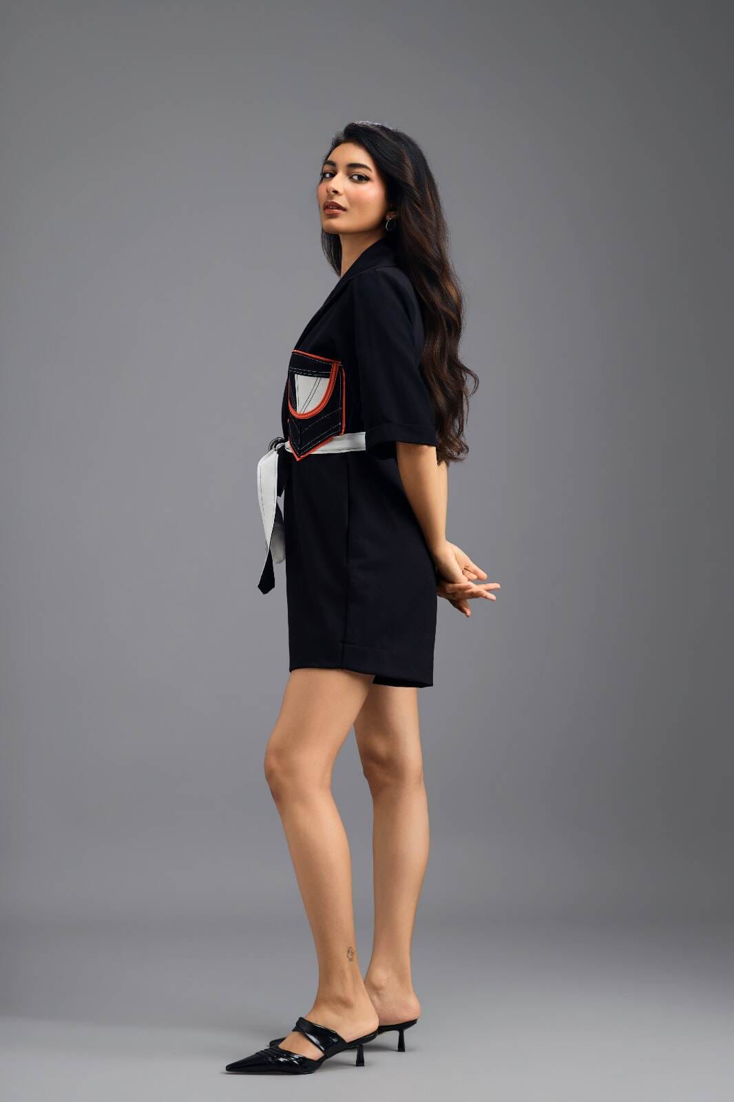 BLACK TAILORED PLAYSUIT WITH NEON COLOUR-BLOCK POCKET PANEL