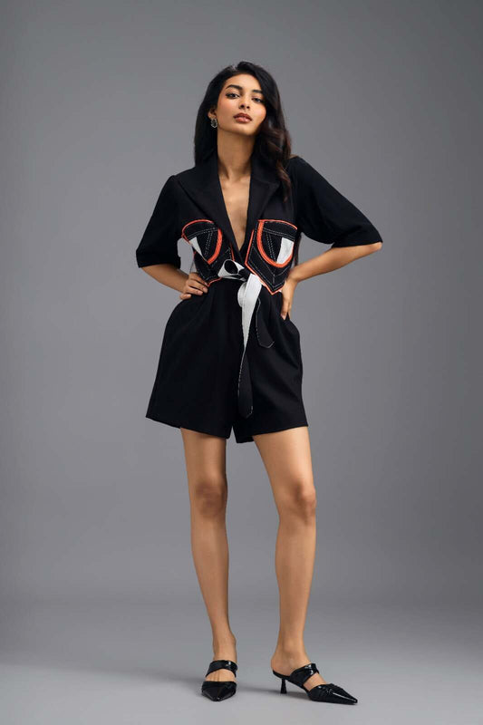 BLACK TAILORED PLAYSUIT WITH NEON COLOUR-BLOCK POCKET PANEL