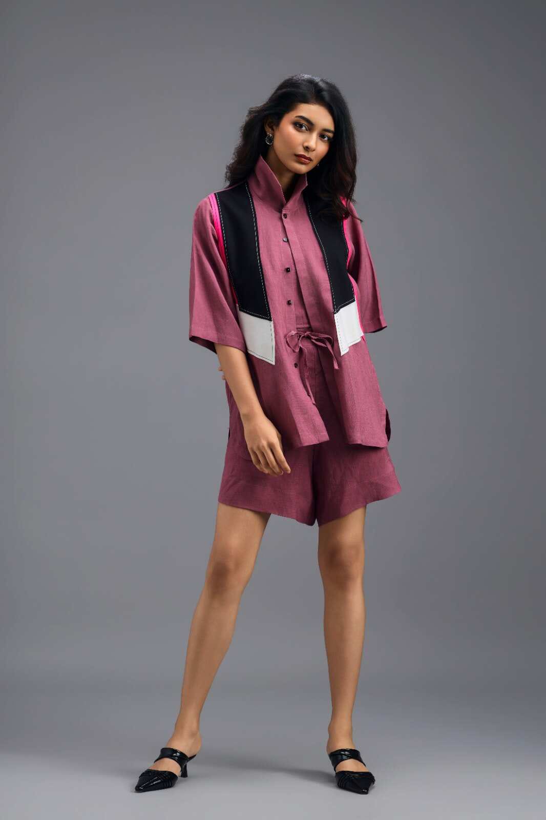 PINK GEOMETRIC PANELLED SHIRT TOP