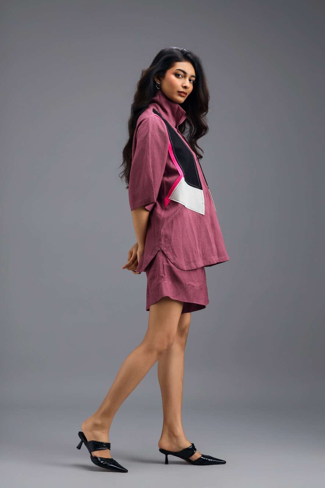 PINK GEOMETRIC PANELLED SHIRT TOP