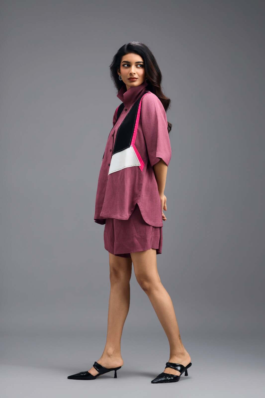 PINK GEOMETRIC PANELLED SHIRT TOP