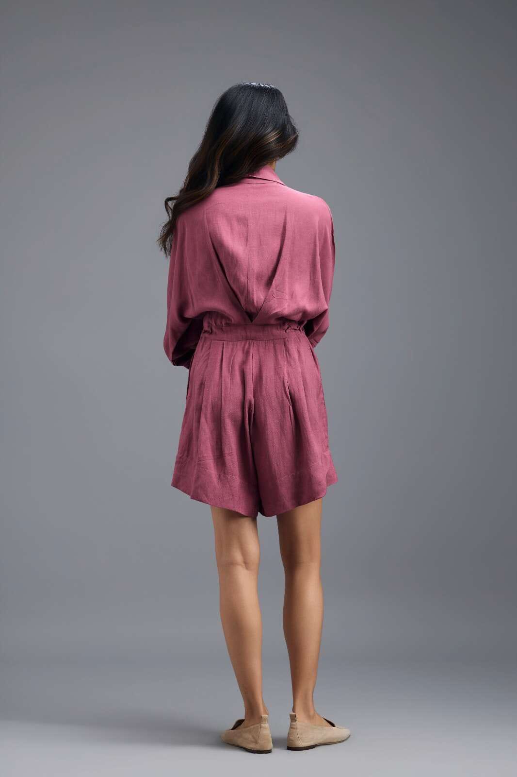 PINK LINEN PLAYSUIT WITH NEON COLOUR-BLOCK POCKET PANEL